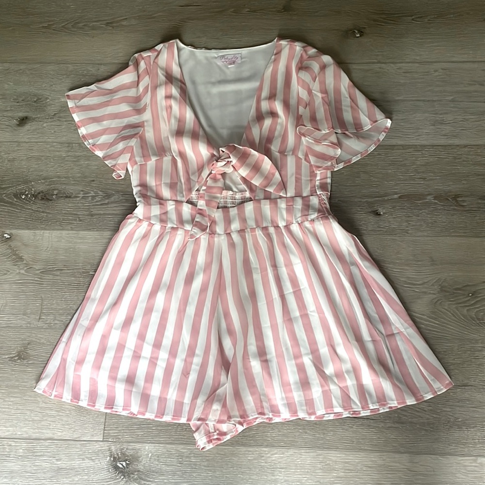 Pink Lily love of a lifetime pink and white striped romper
